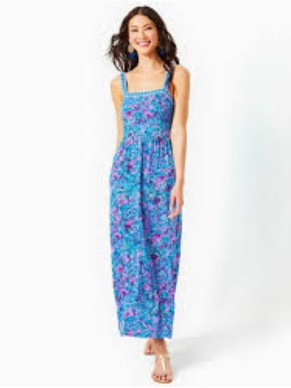 Lilly Pulitzer Mirasol Maxi Dress Womens 12 Blue Floral Shells Smocked
